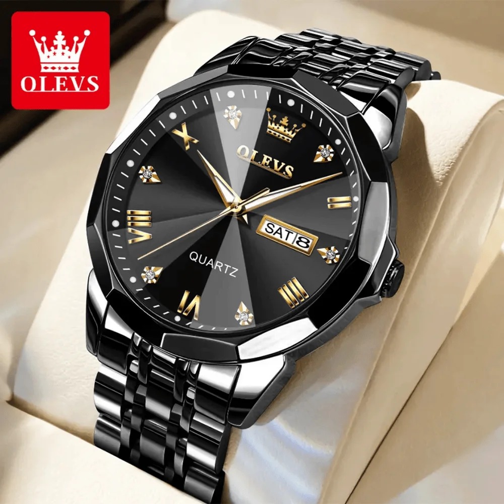 Olevs 9931 Luxury Fashion Stainless Steel Imported Quartz Movement Waterproof Wrist-Watche For Men. Color: Black