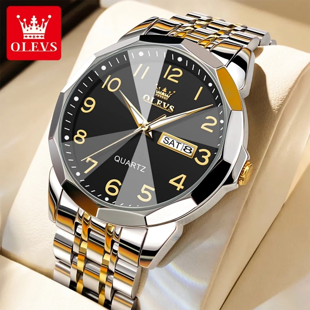 Olevs 9931 Luxury Fashion Stainless Steel Imported Quartz Movement Waterproof Wrist-Watche For Men. Color: Gold Black