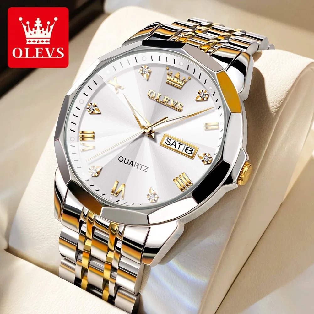 Olevs 9931 Luxury Fashion Stainless Steel Imported Quartz Movement Waterproof Wrist-Watche For Men. Color: Gold White