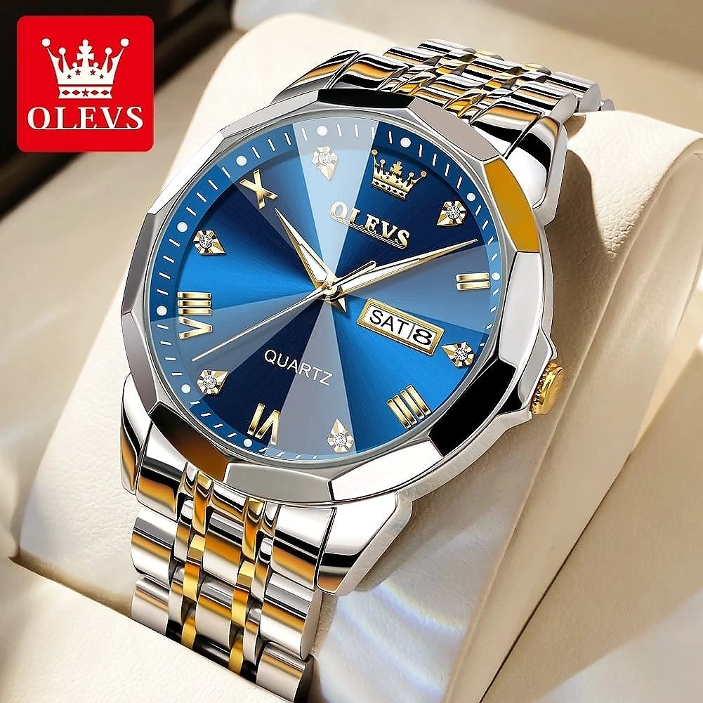 Olevs 9931 Luxury Fashion Stainless Steel Imported Quartz Movement Waterproof Wrist-Watche For Men. Color: Gold blue