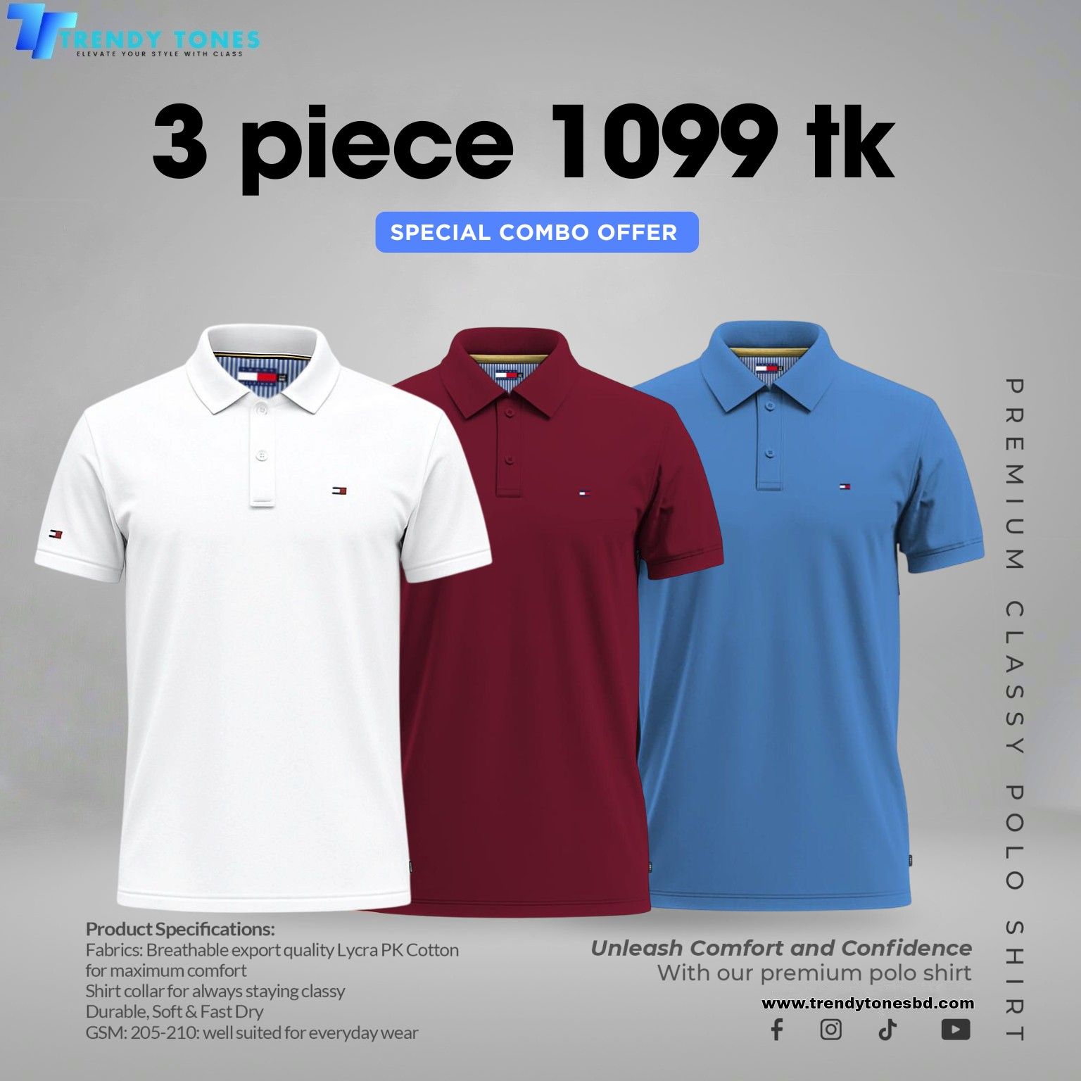 Tommy combo 3 Piece ( white - Maroon- Sky )
