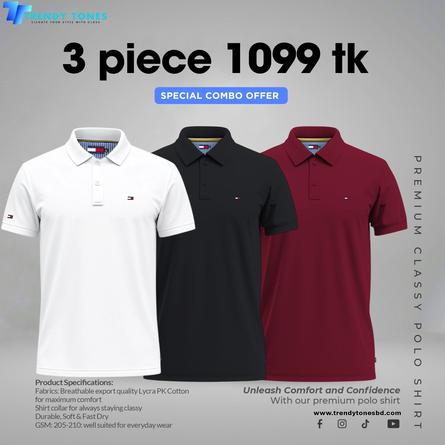 Tommy combo 3 Piece ( White -Black-Maroon )